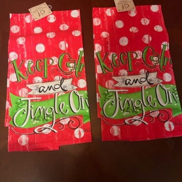 C&F Christmas Flour Sack Towels Keep Calm & Jingle On Polka Dot set of 2 - Picture 1 of 7